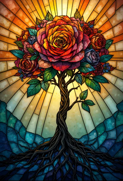 Stained Glass Tree With Vibrant Rose Blossoms