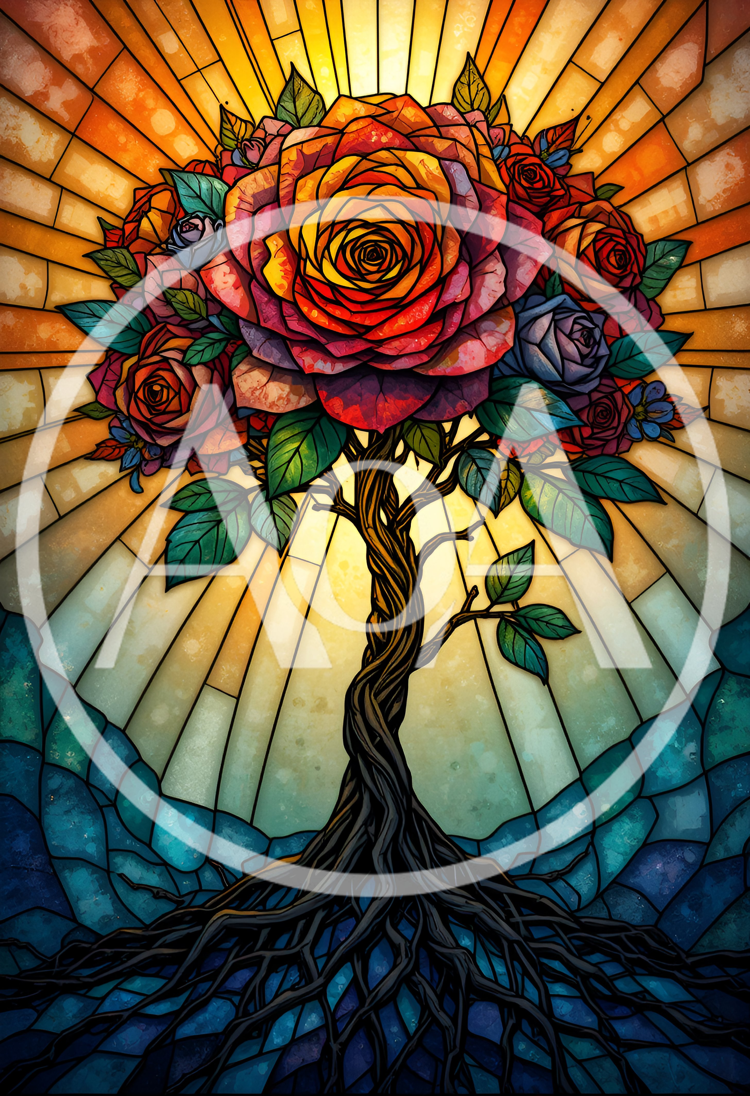 Stained Glass Tree With Vibrant Rose Blossoms