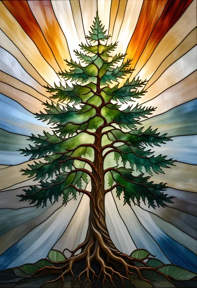 Stained Glass Art Featuring A Majestic Evergreen Tree