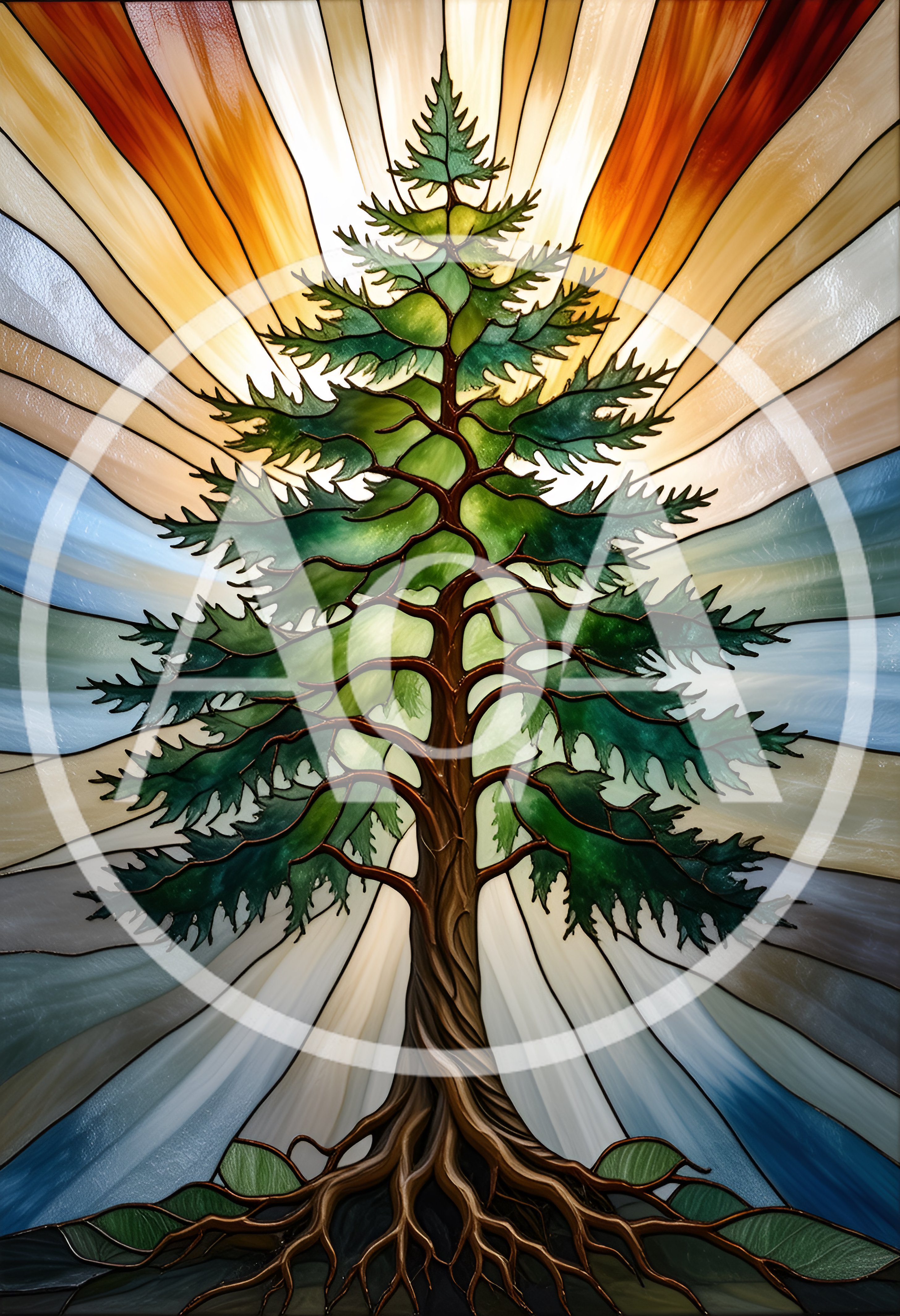 Stained Glass Art Featuring A Majestic Evergreen Tree