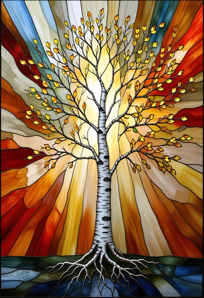 Stained Glass Birch Tree With Radiant Sunburst Background