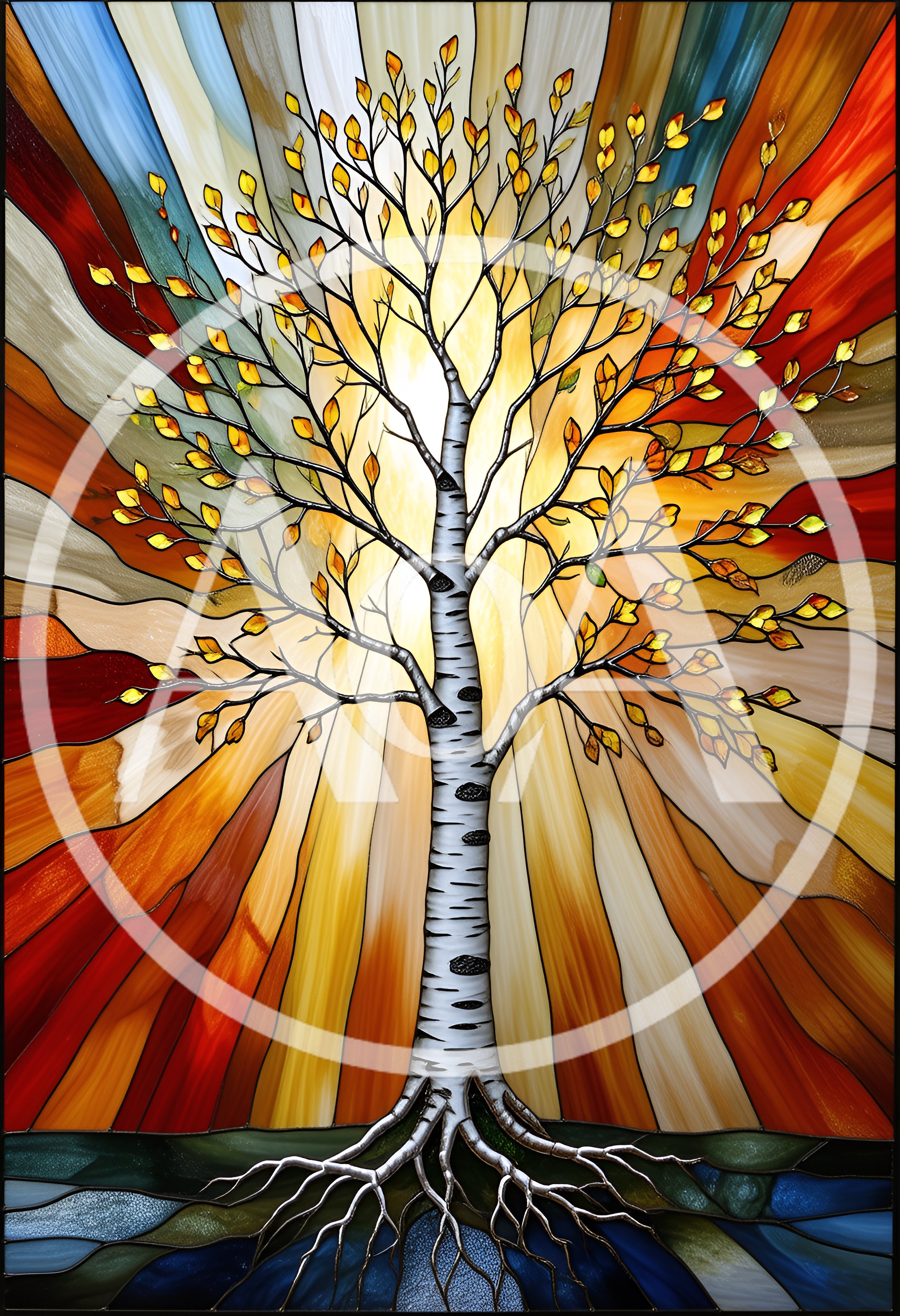 Stained Glass Birch Tree With Radiant Sunburst Background