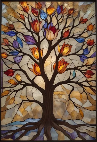 Stained Glass Tree With Vibrant Floral Blossoms