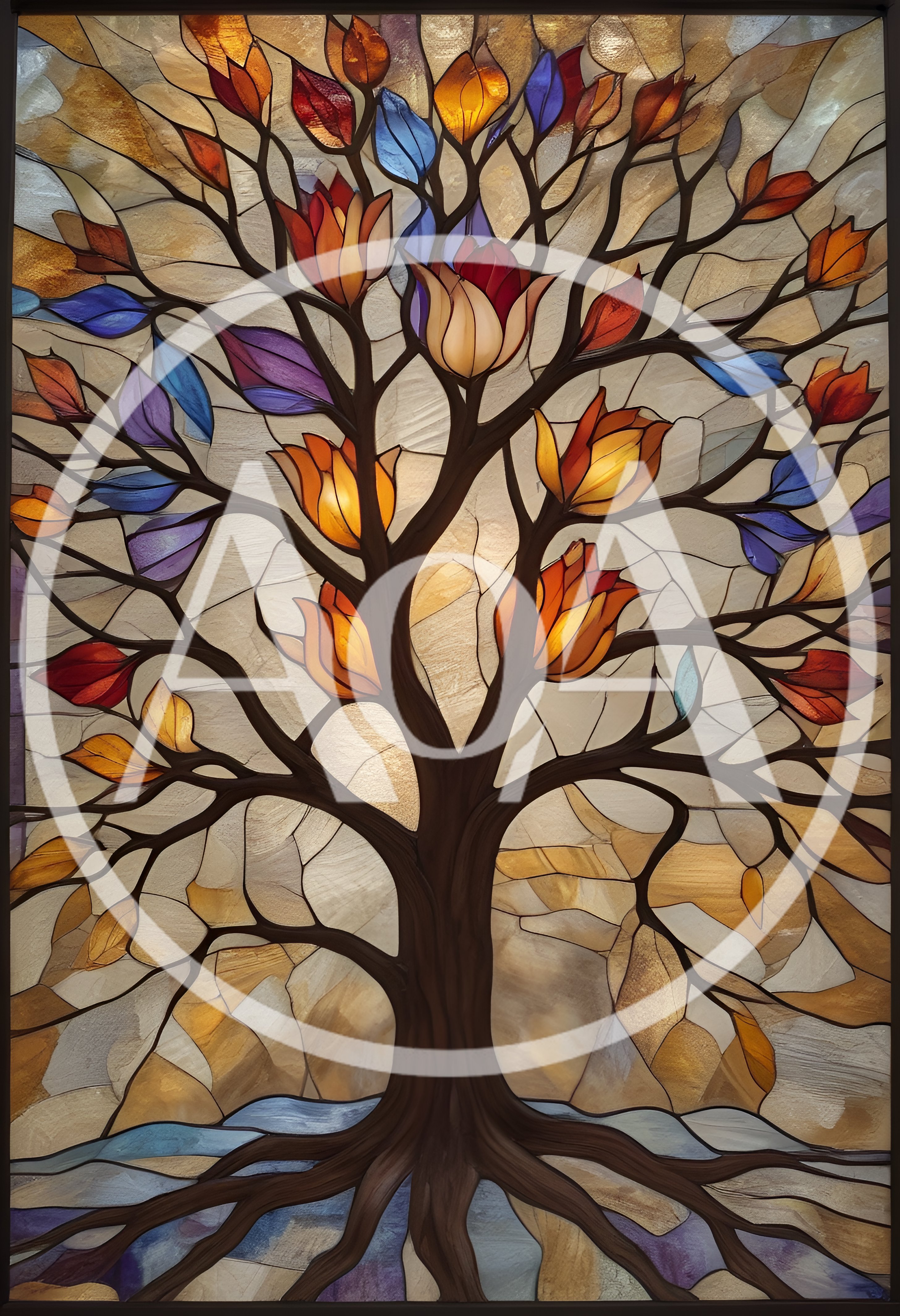 Stained Glass Tree With Vibrant Floral Blossoms