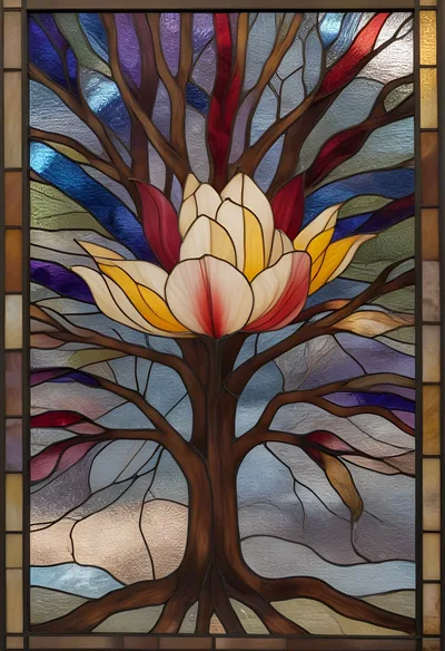 Stained Glass Tree With A Blooming Lotus Flower