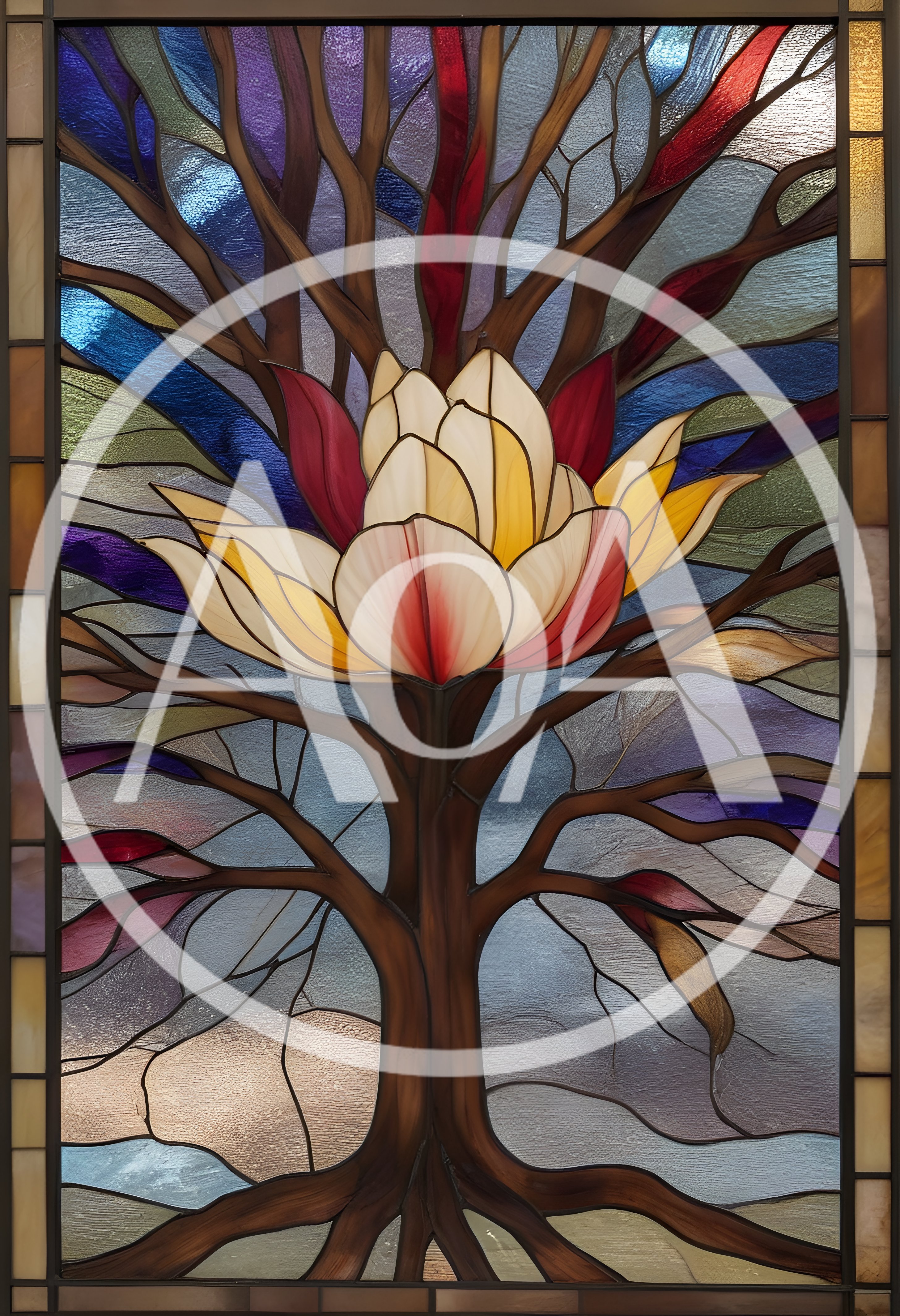 Stained Glass Tree With A Blooming Lotus Flower