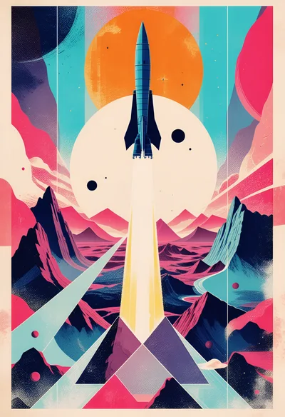 Retro Futuristic Rocket Launching Over Abstract Landscape