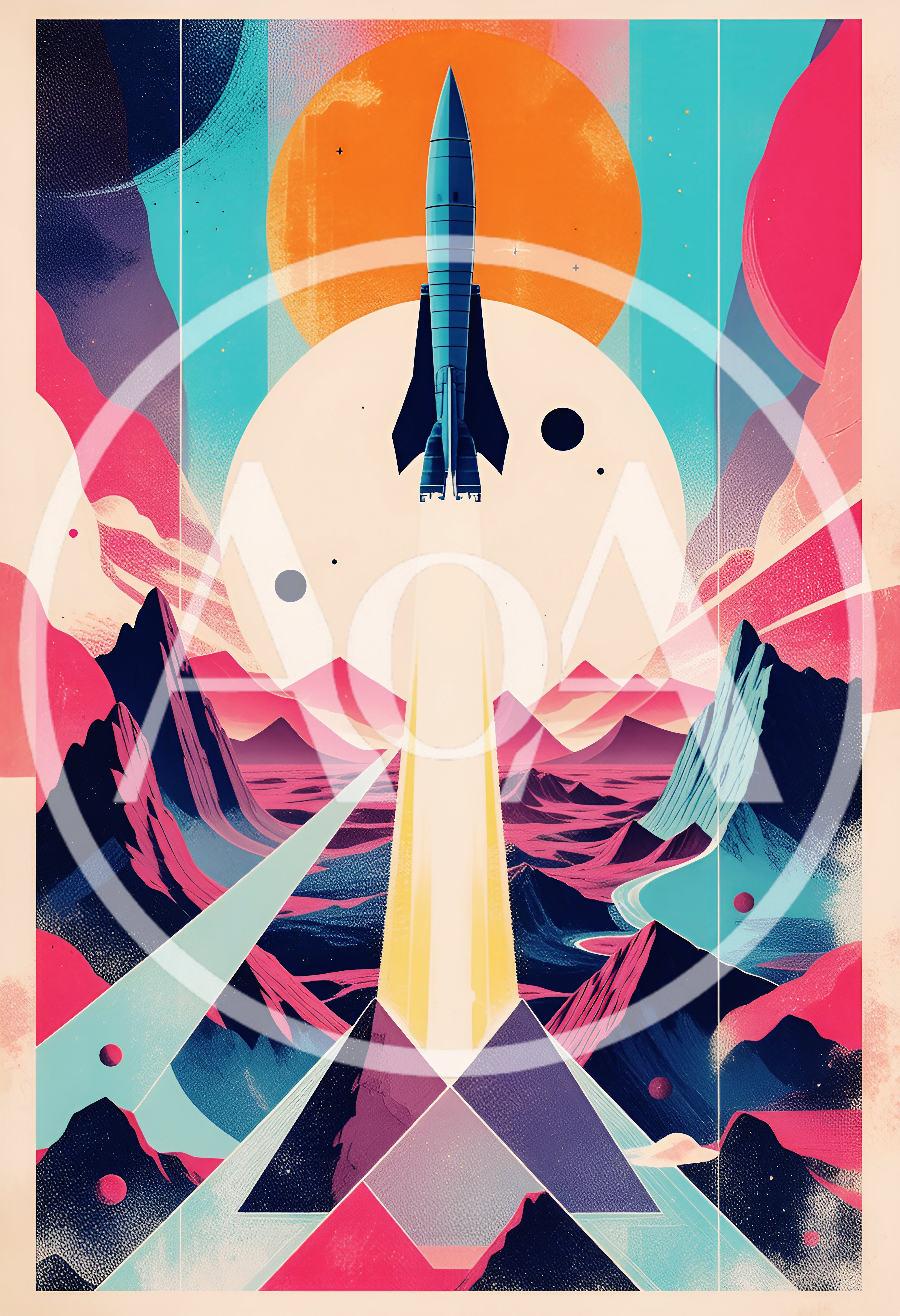 Retro Futuristic Rocket Launching Over Abstract Landscape