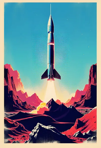 Retro Style Rocket Launching From Alien Planet Surface