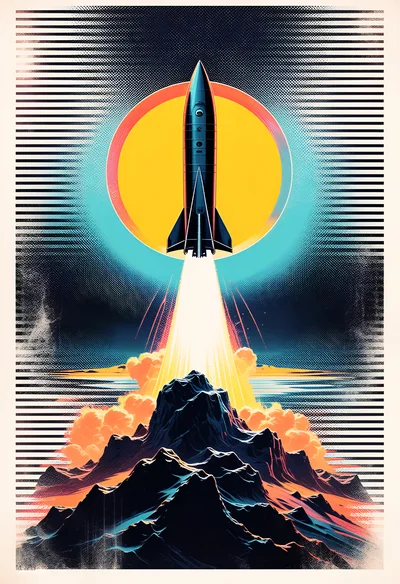 Retro Style Rocket Launching Over Mountain Landscape