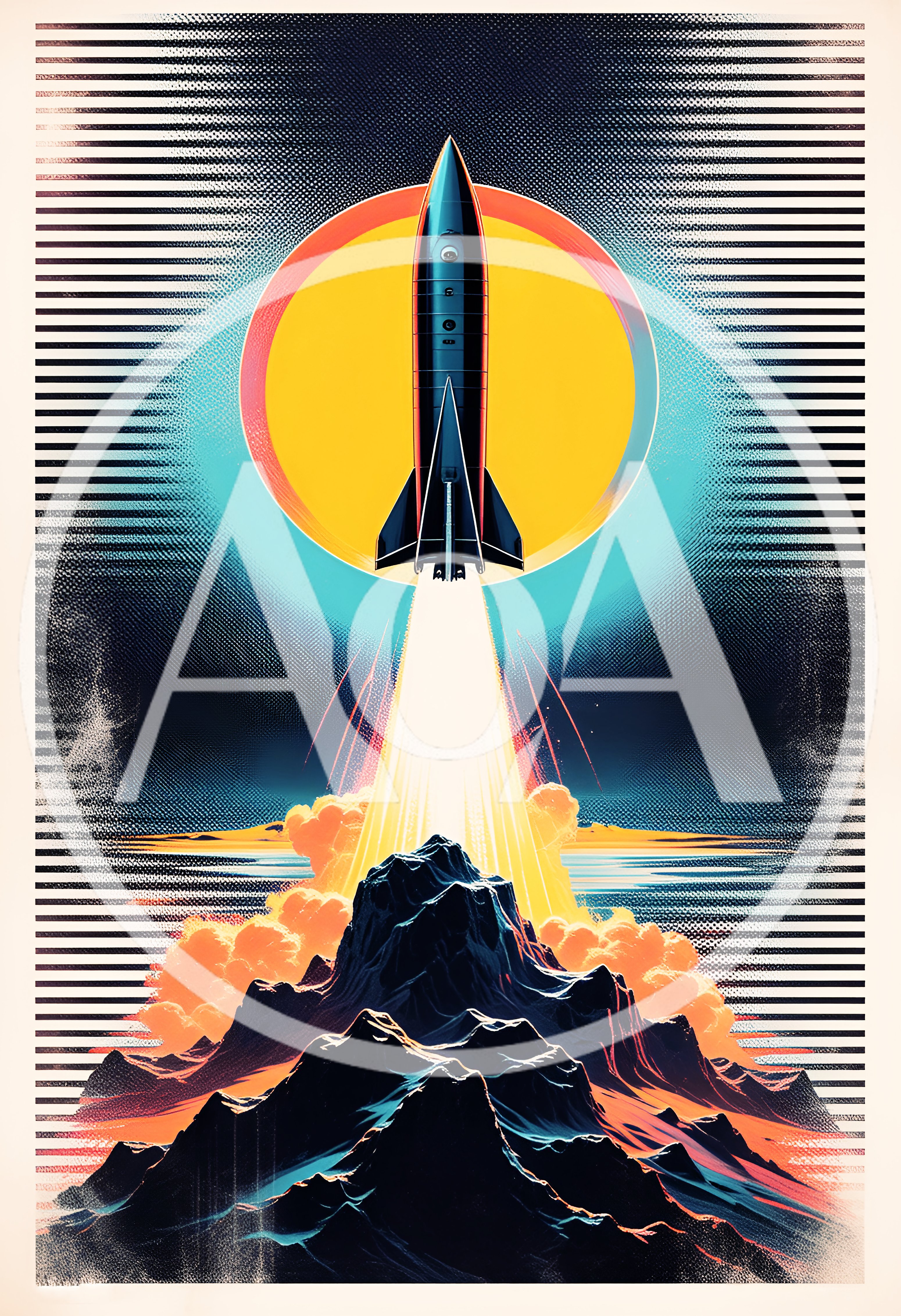 Retro Style Rocket Launching Over Mountain Landscape