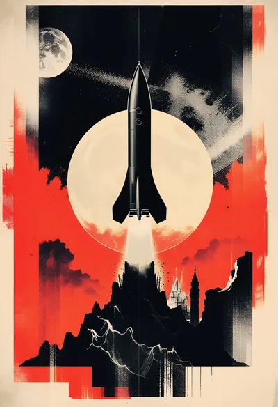 Retro Style Rocket Launching Against A Large Moon