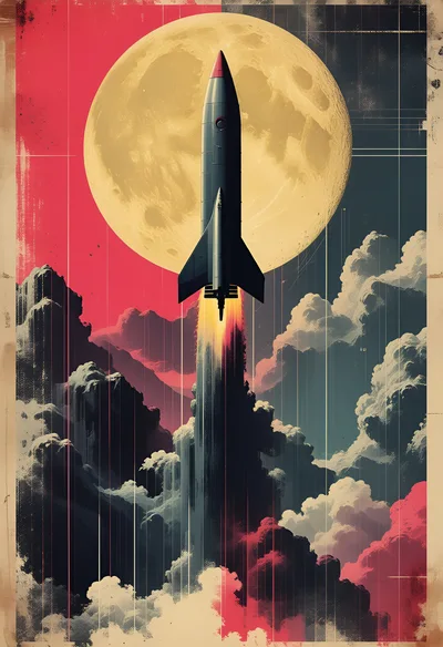 Retro Style Rocket Launching Toward The Moon