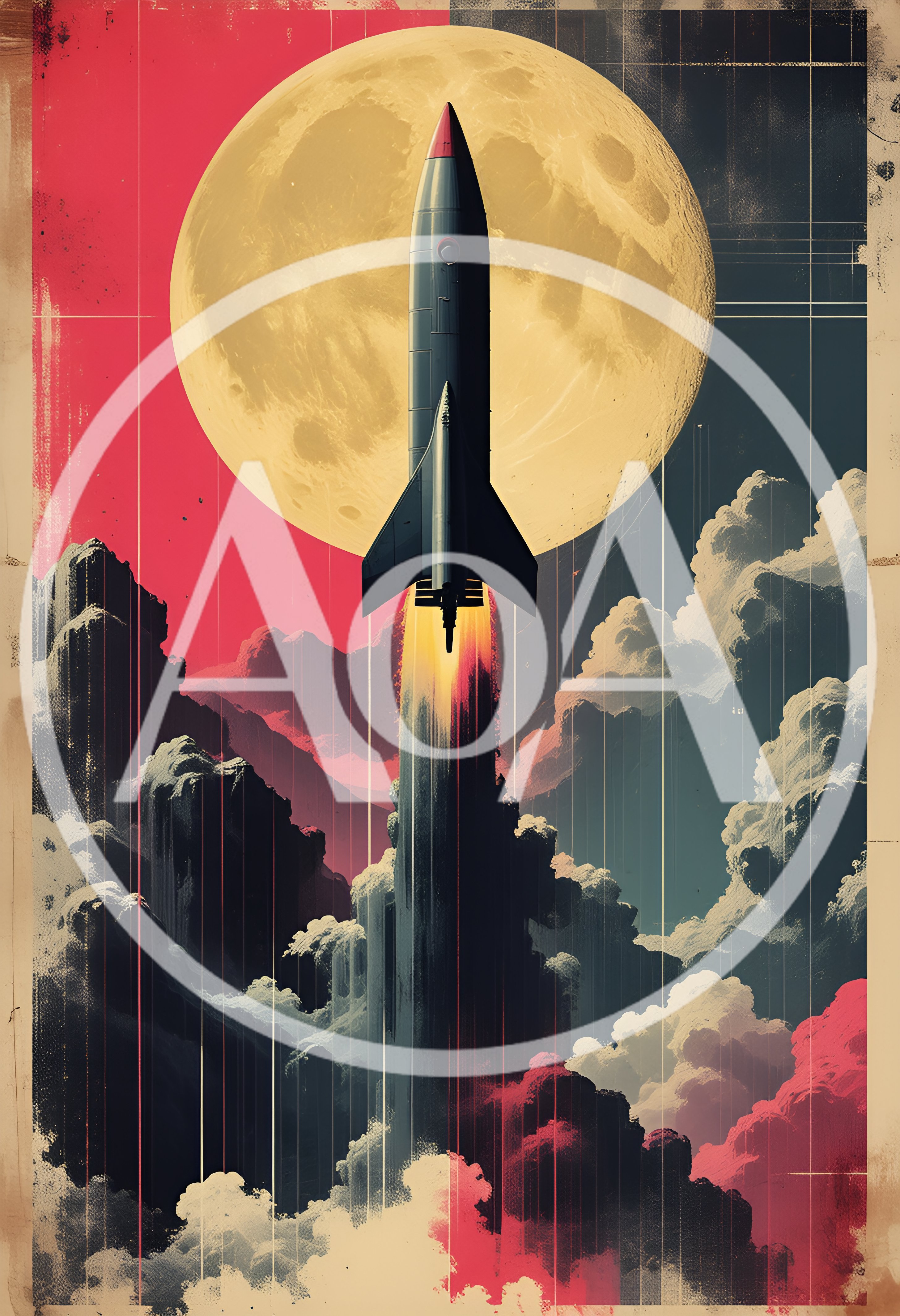 Retro Style Rocket Launching Toward The Moon
