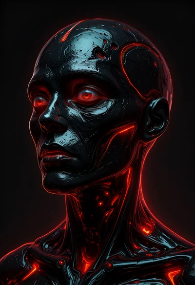 Cybernetic Humanoid Portrait With Glowing Red Energy