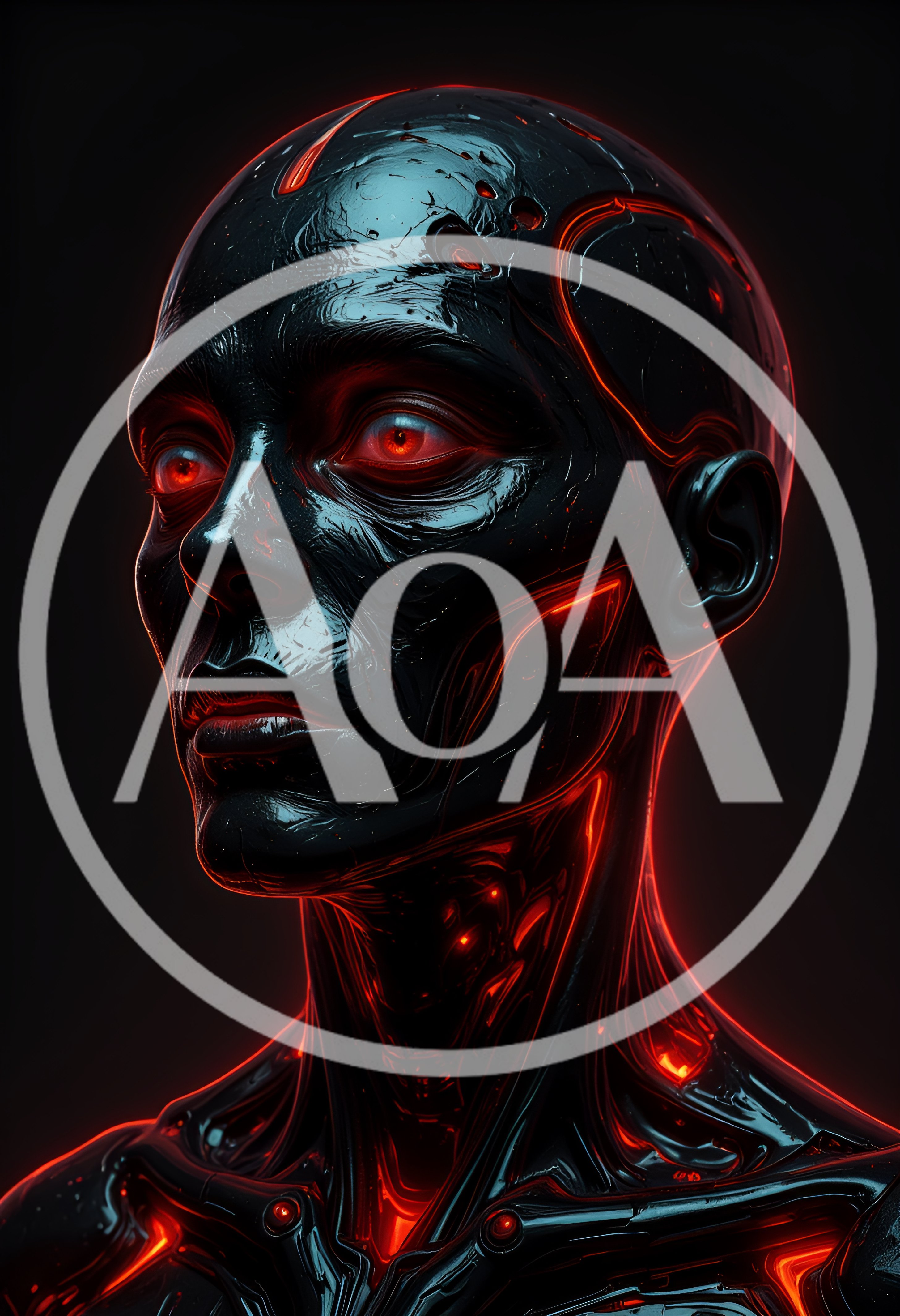Cybernetic Humanoid Portrait With Glowing Red Energy