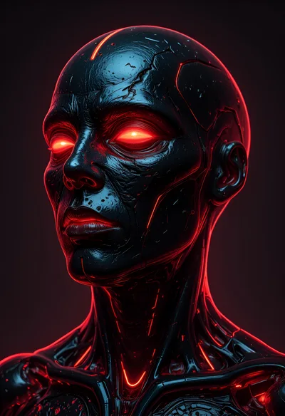 Cybernetic Humanoid Portrait With Glowing Red Eyes