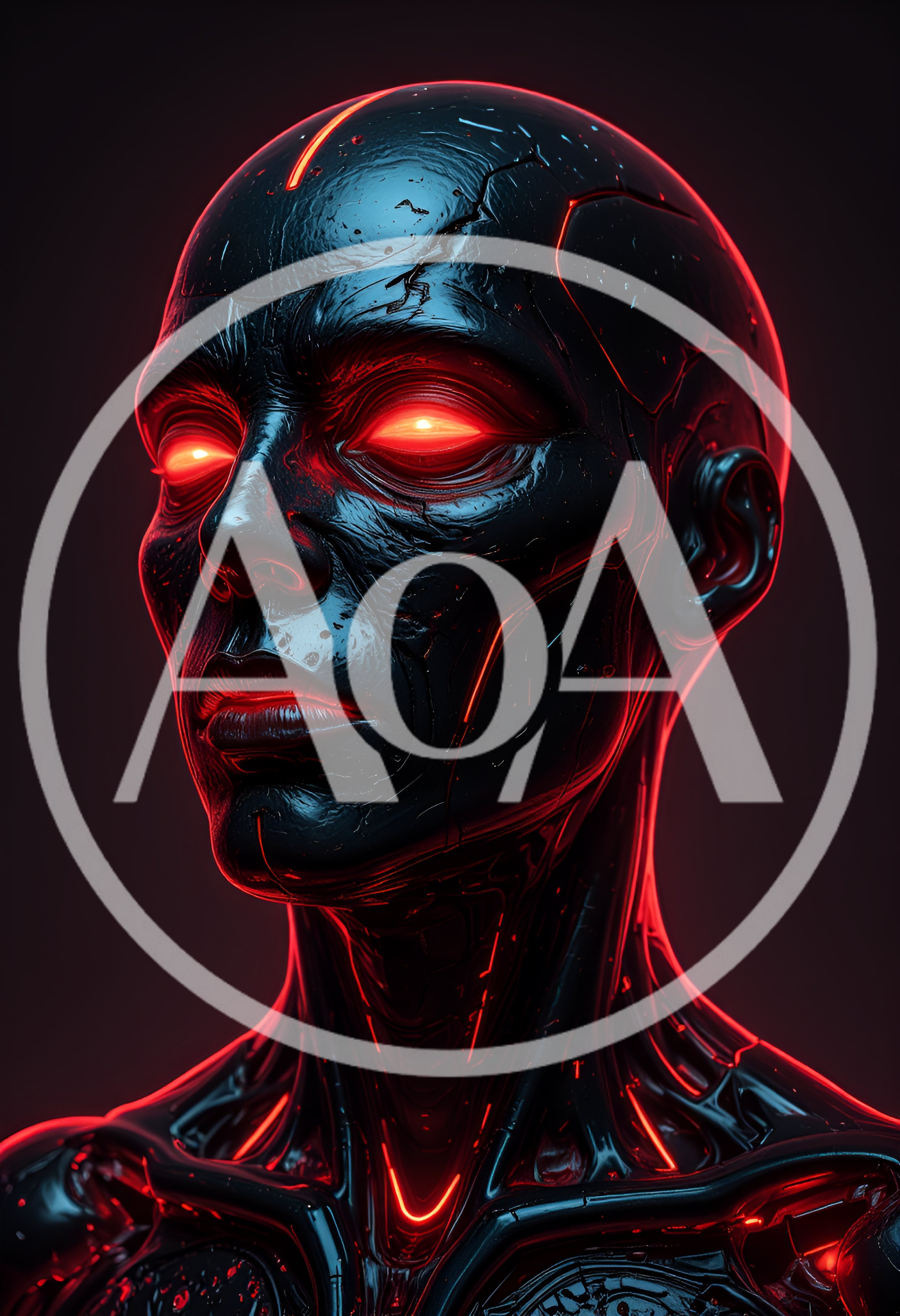 Cybernetic Humanoid Portrait With Glowing Red Eyes