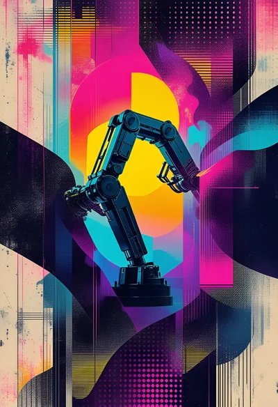 Industrial Robotic Arm Against Abstract Neon Background