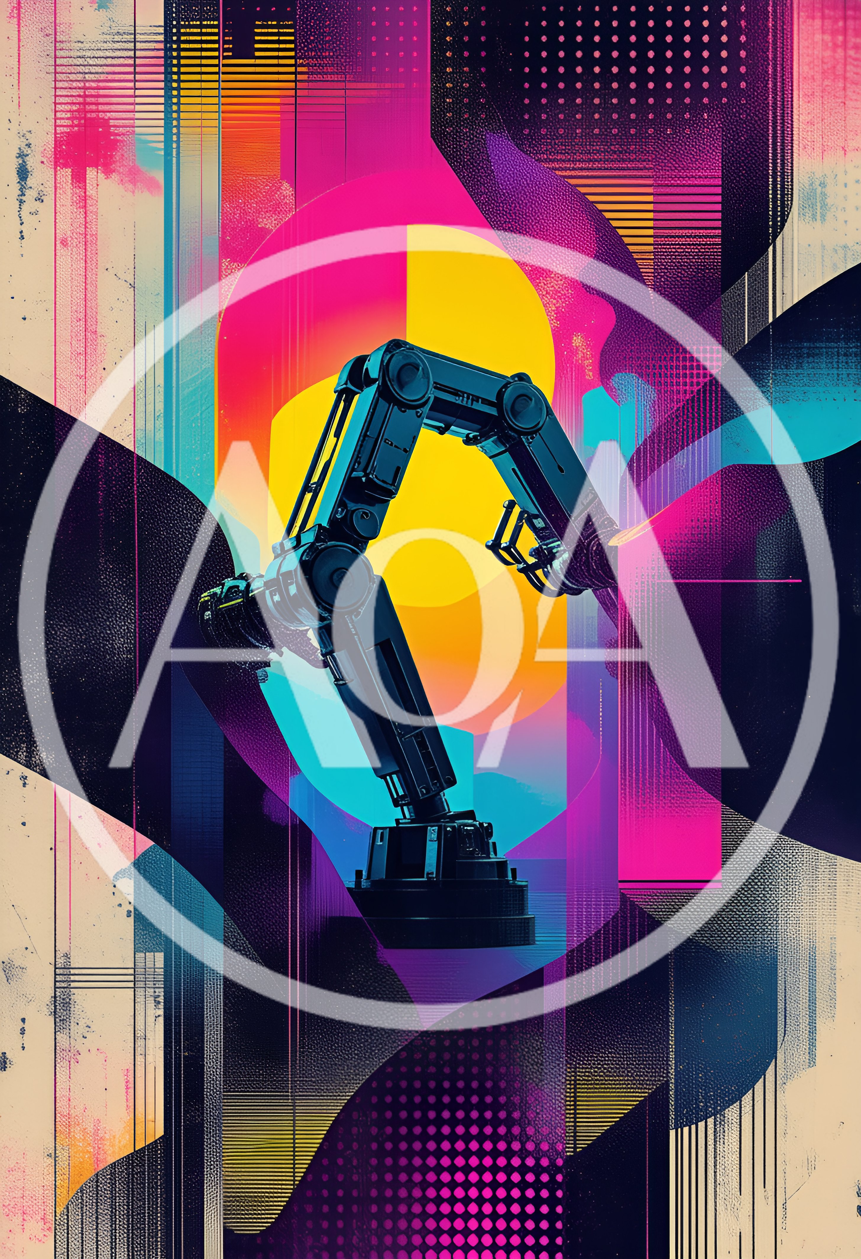 Industrial Robotic Arm Against Abstract Neon Background