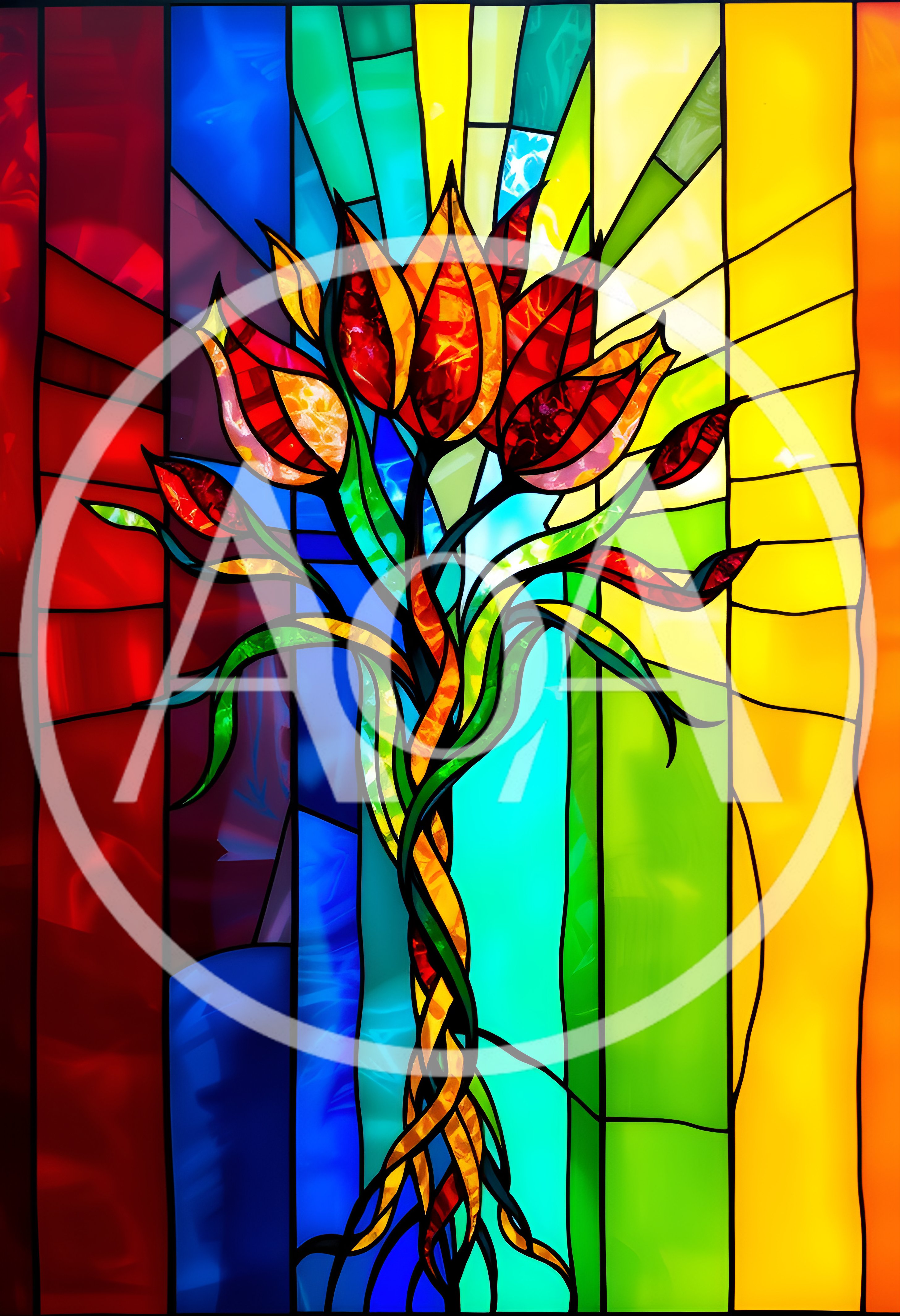 Stained Glass Art Featuring A Vibrant Floral Tree