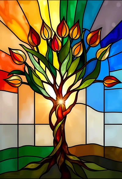 Stained Glass Tree With Vibrant Tulip Flowers