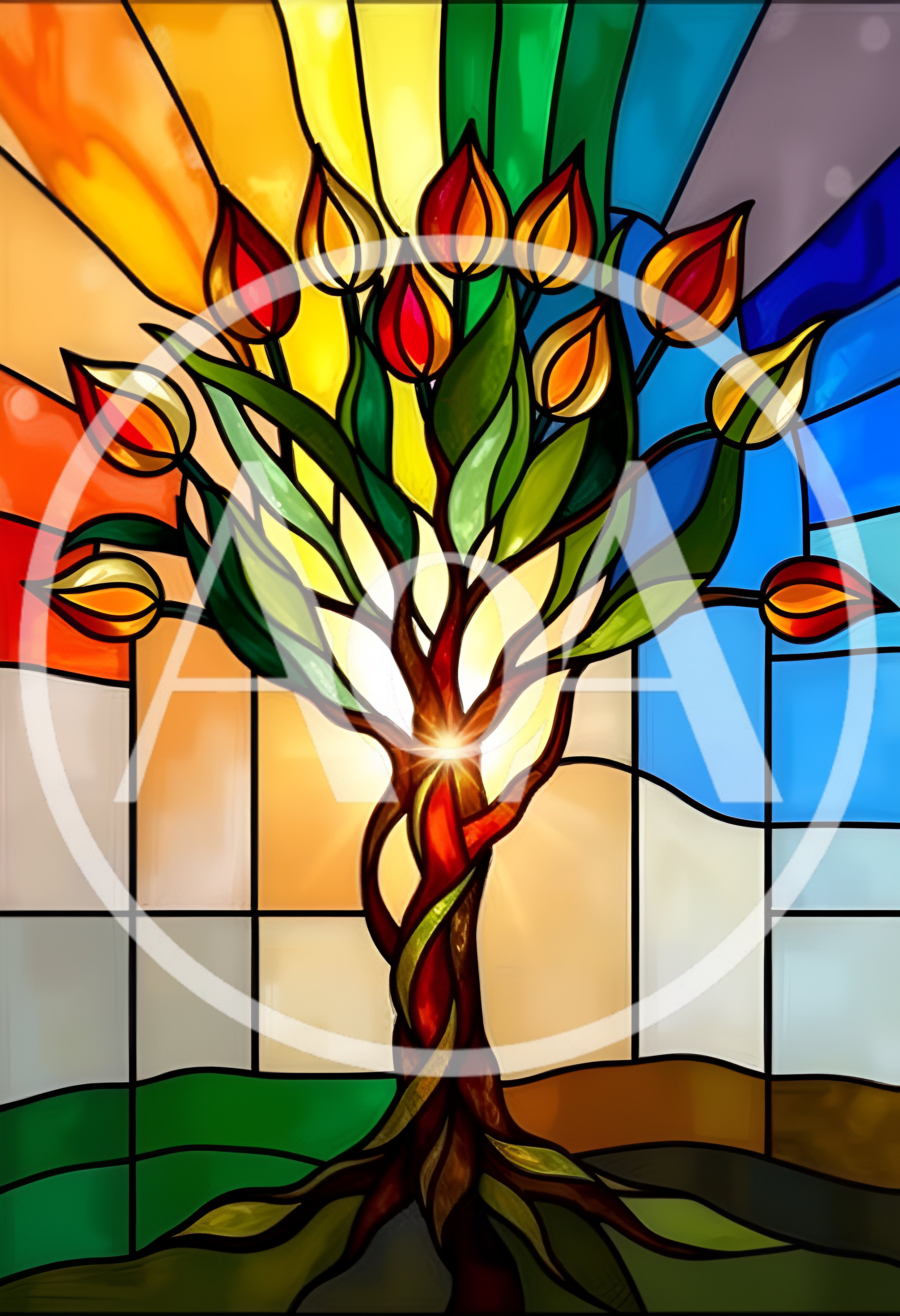 Stained Glass Tree With Vibrant Tulip Flowers