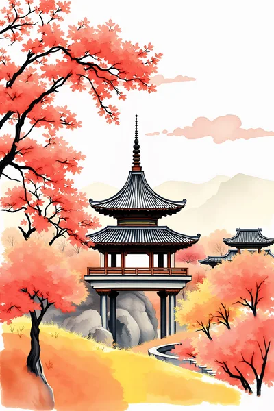 Traditional Japanese Pagoda Amidst Vibrant Autumn Foliage