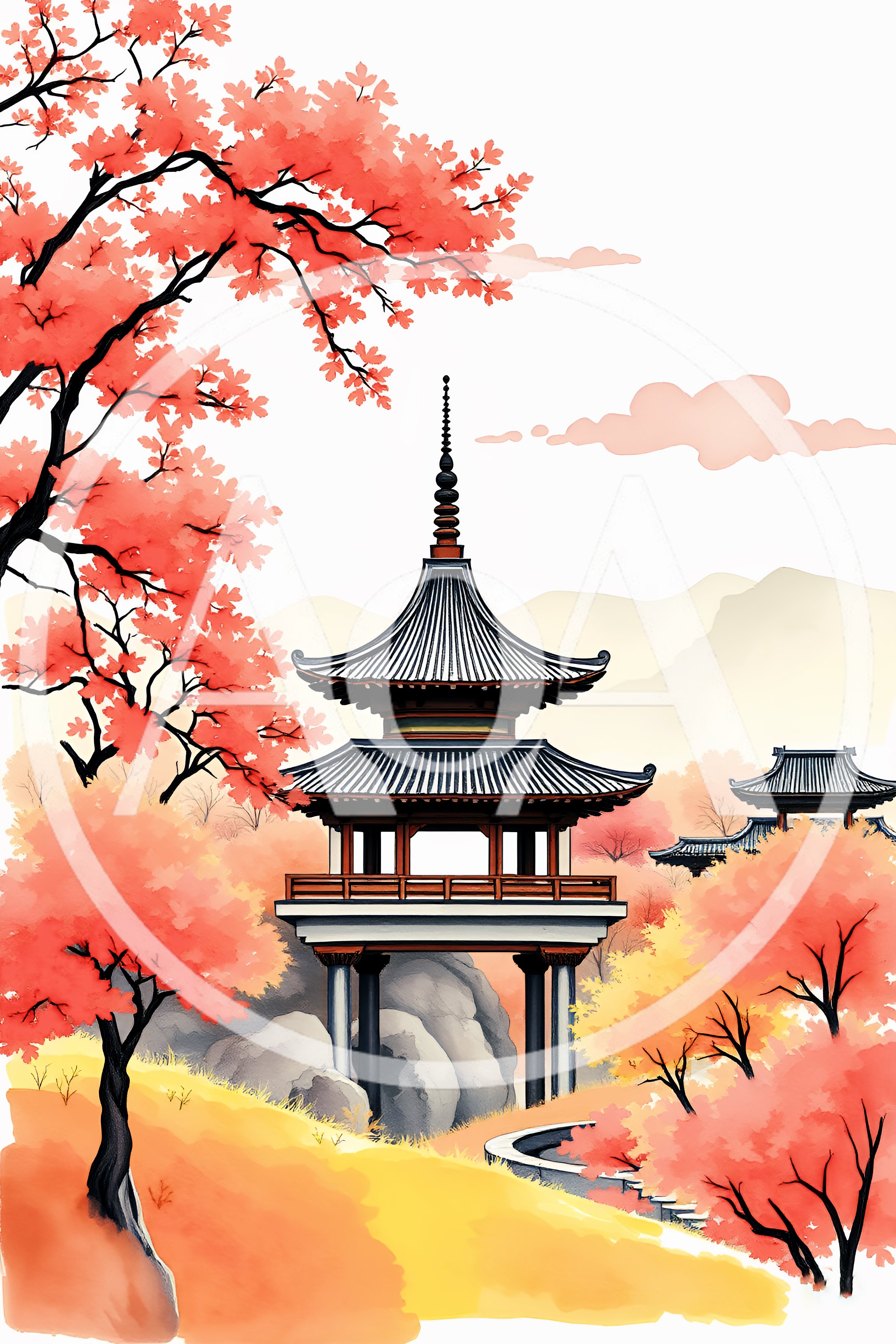 Traditional Japanese Pagoda Amidst Vibrant Autumn Foliage