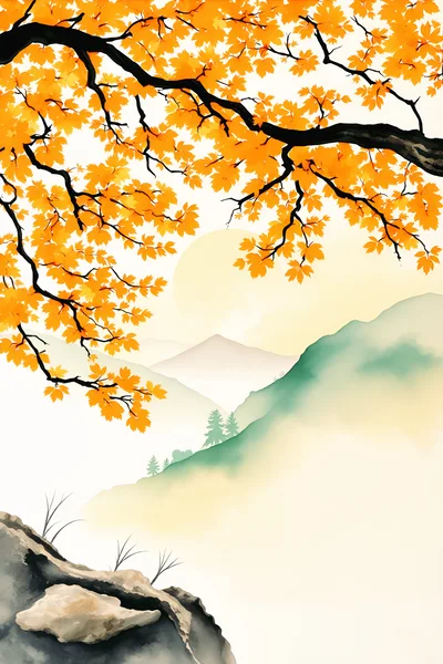 Watercolor Landscape Painting With Autumn Maple Tree