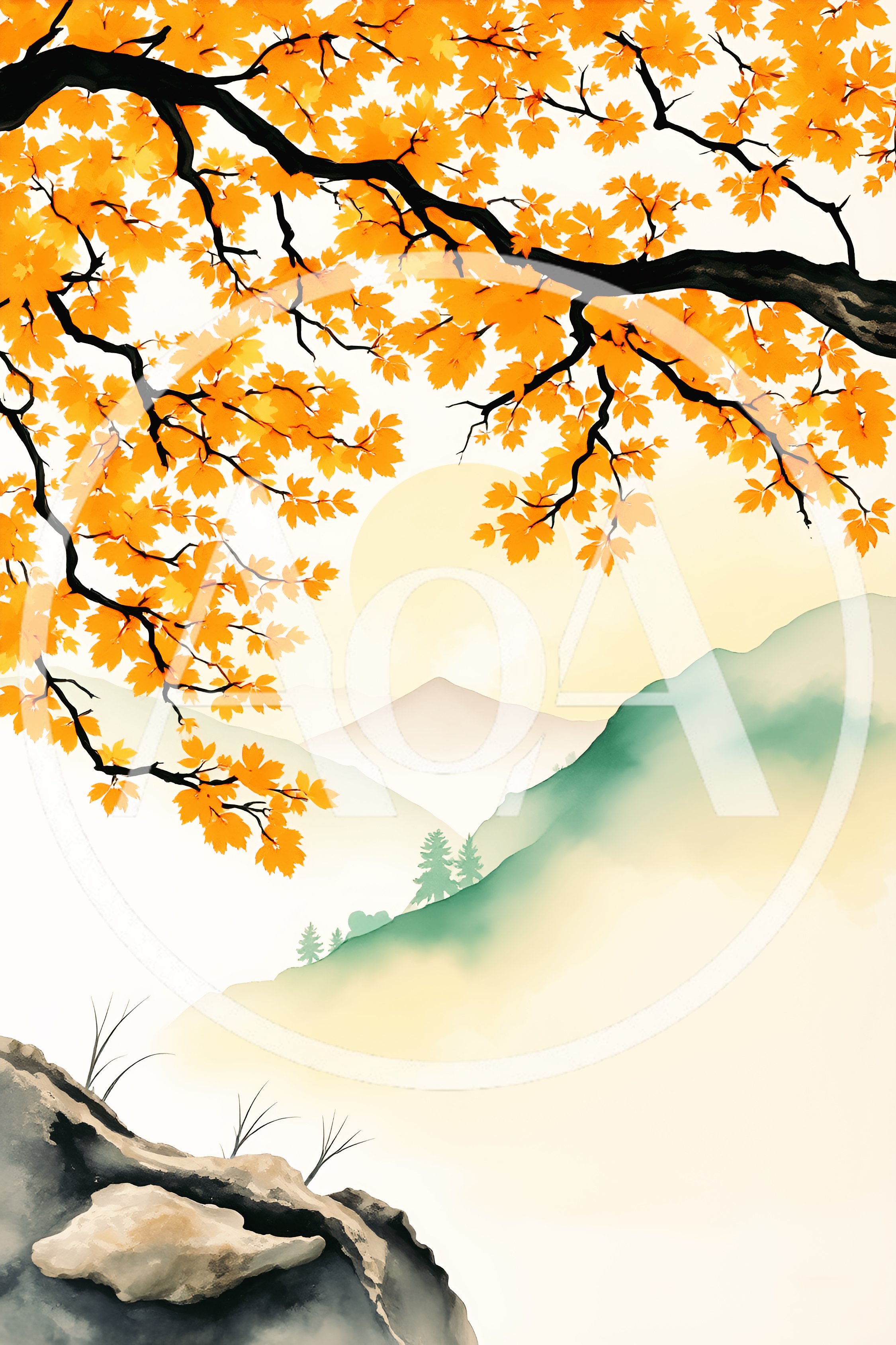 Watercolor Landscape Painting With Autumn Maple Tree