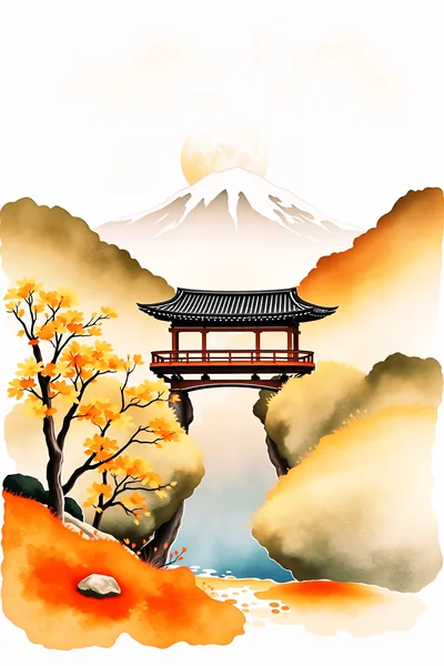 Traditional Japanese Pavilion Bridge Over Mountain Stream