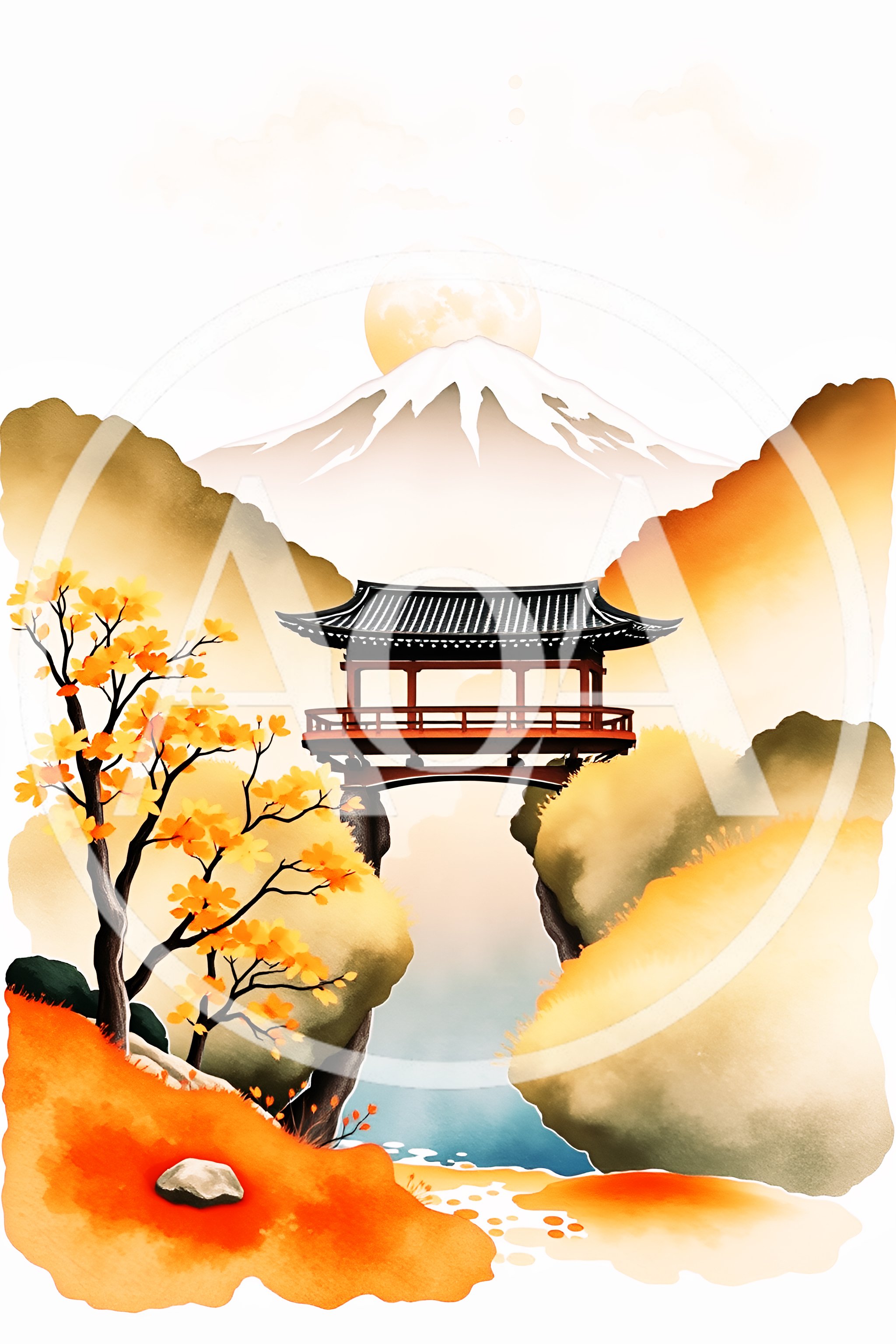 Traditional Japanese Pavilion Bridge Over Mountain Stream