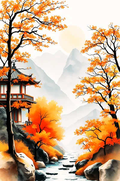 Traditional Asian Pagoda In Autumn Mountain Landscape