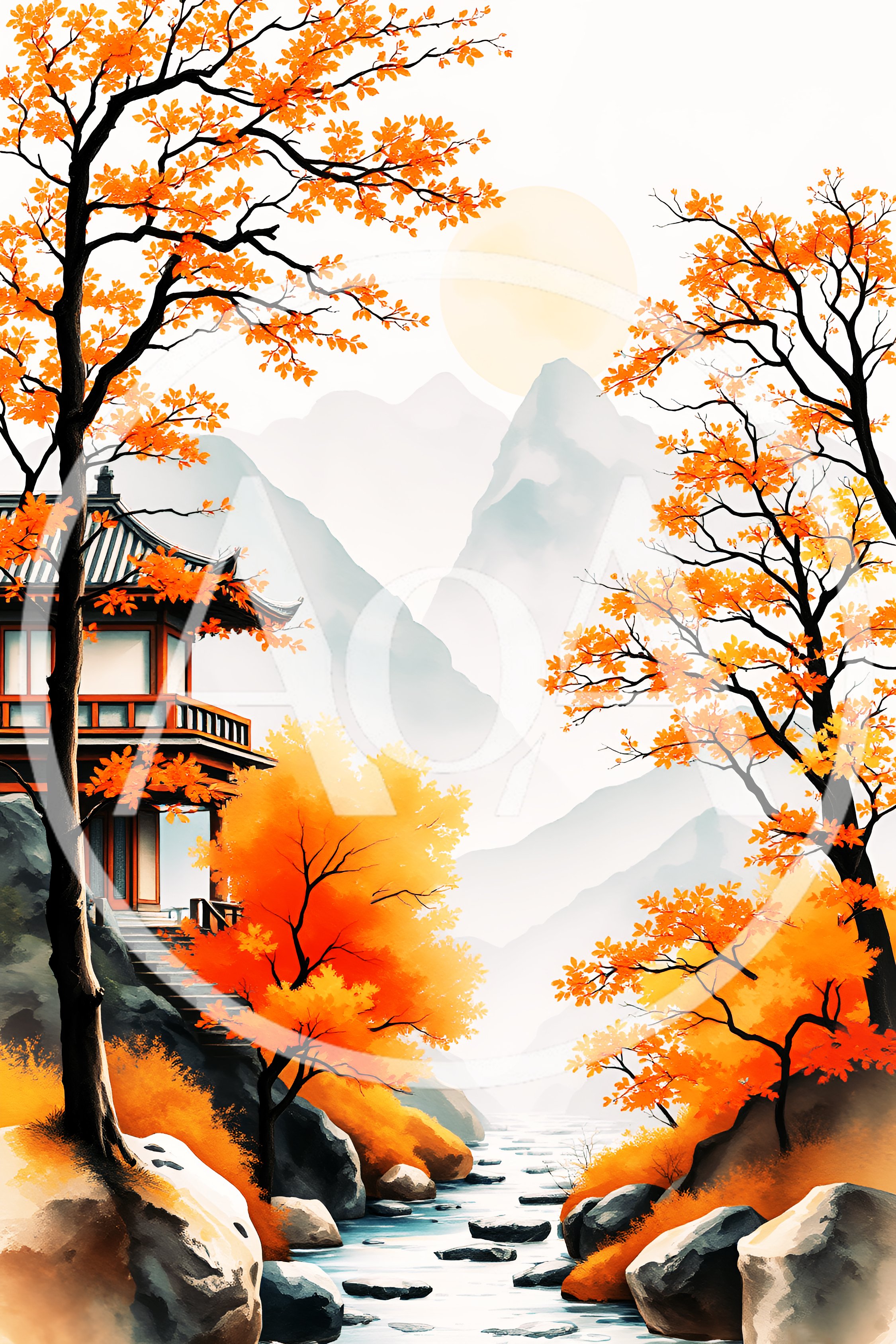 Traditional Asian Pagoda In Autumn Mountain Landscape