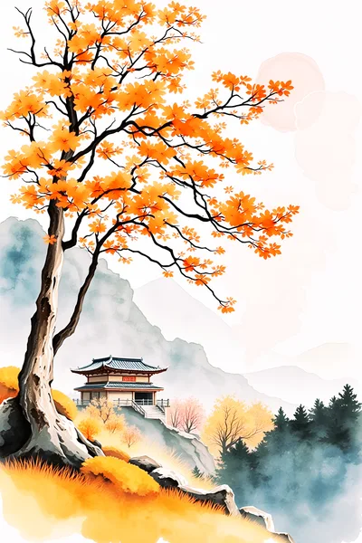 Traditional Asian Landscape Painting With Autumn Tree And Temple