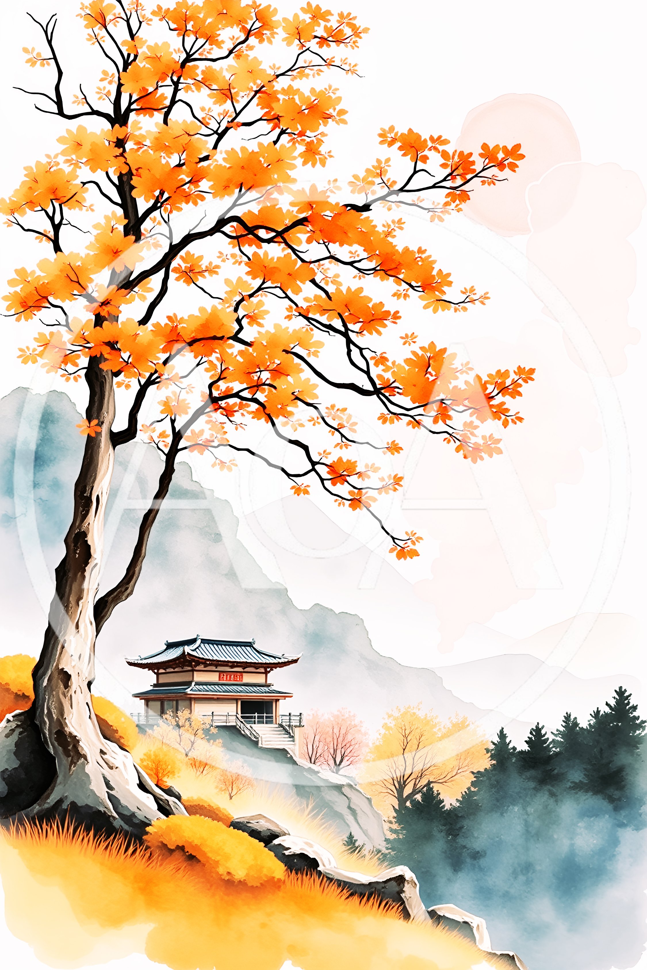 Traditional Asian Landscape Painting With Autumn Tree And Temple