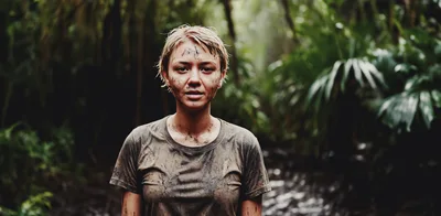 Young Woman Covered In Mud In Tropical Jungle