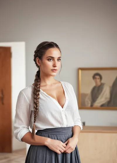 Young Woman With Braided Hair In A Classic Interior