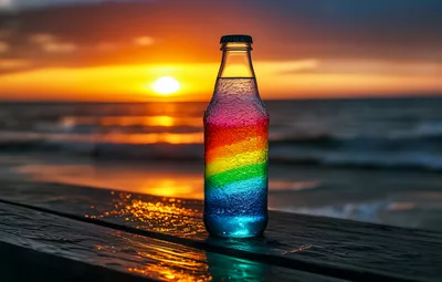 Rainbow Colored Drink Bottle On Wooden Pier At Sunset