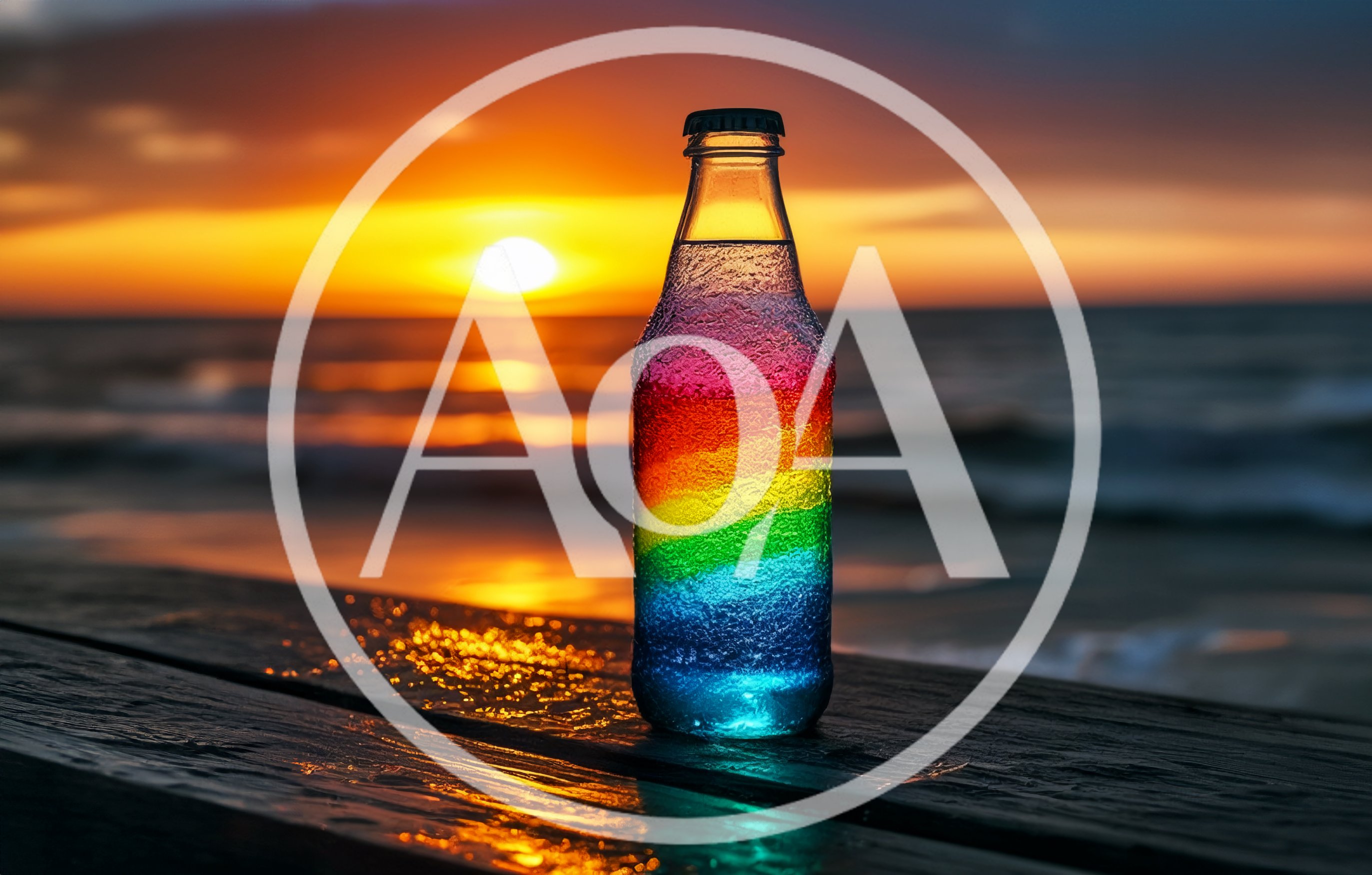Rainbow Colored Drink Bottle On Wooden Pier At Sunset