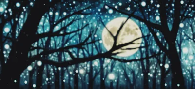 Full Moon Shining Through Dark Forest Trees
