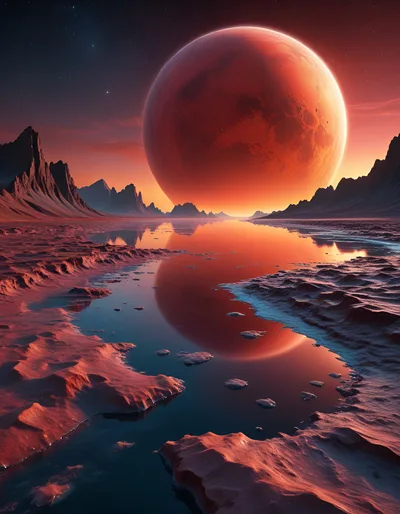 Surreal Alien Landscape With Large Red Planet