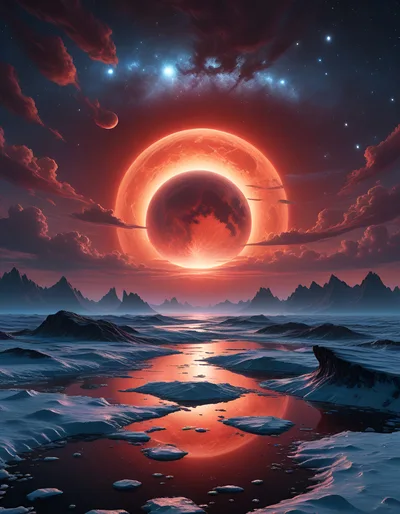 Surreal Alien Landscape With Red Eclipse Over Frozen Terrain