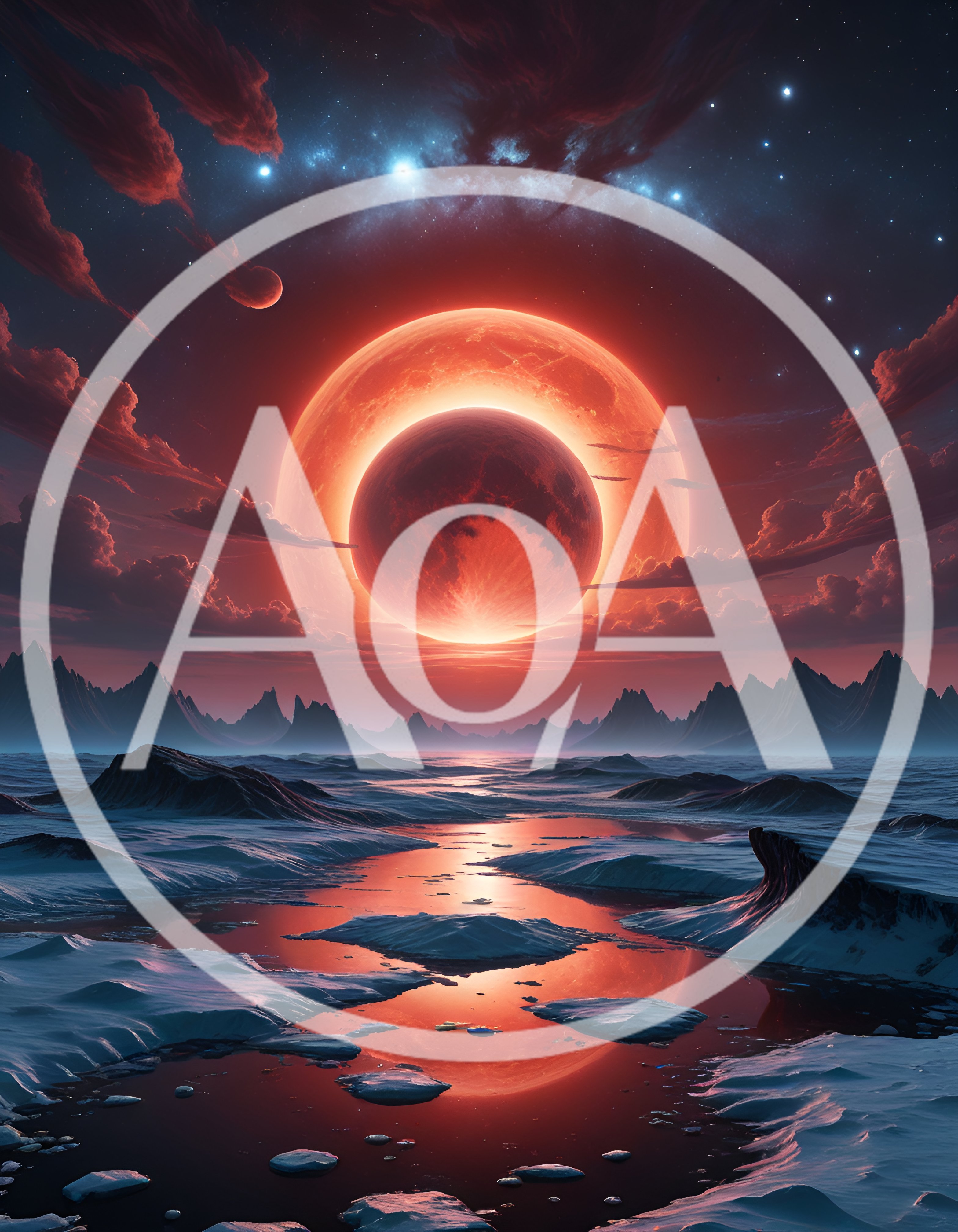 Surreal Alien Landscape With Red Eclipse Over Frozen Terrain
