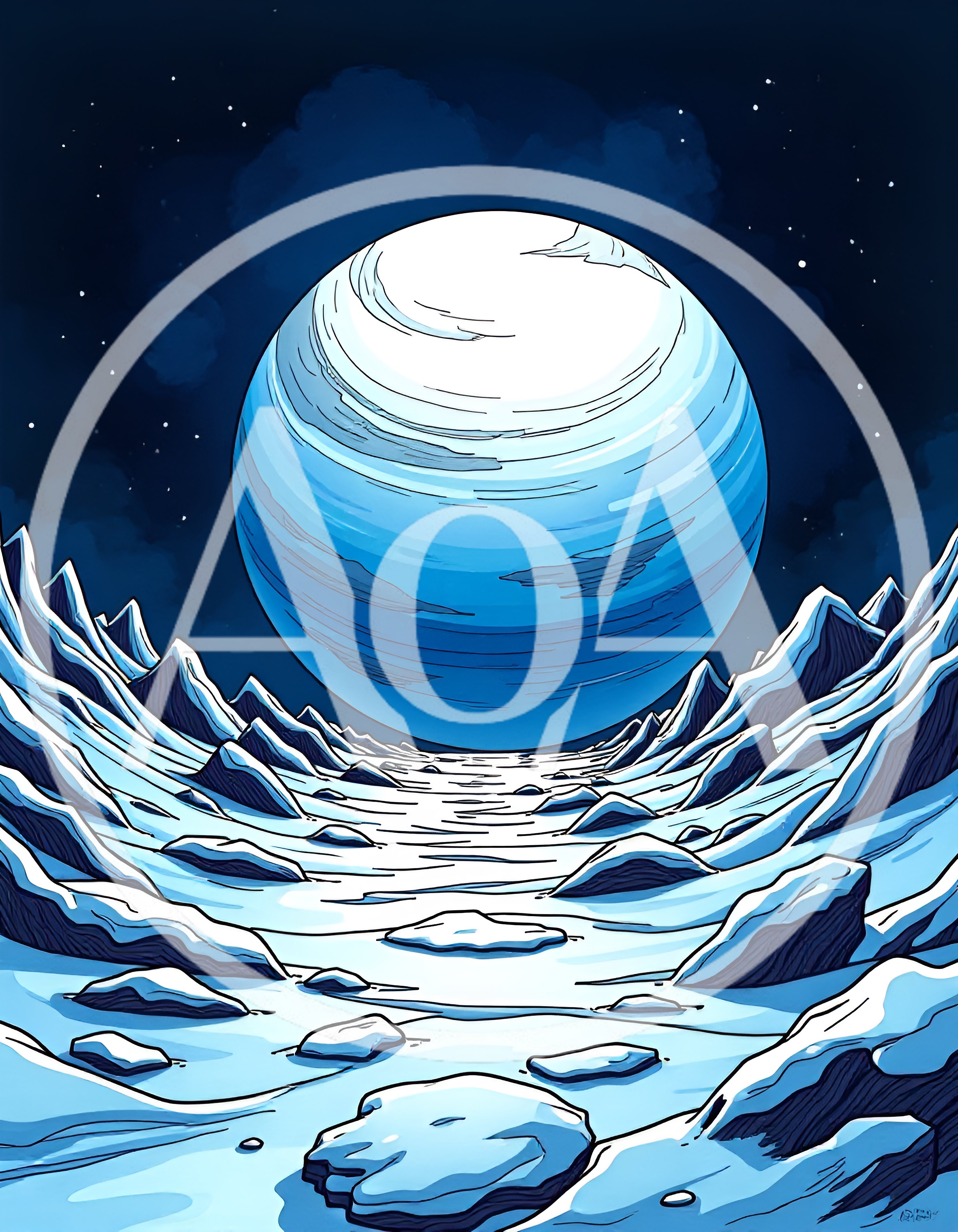 Surreal Icy Alien Landscape With Giant Blue Planet