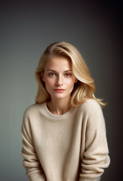Portrait Of A Young Blonde Woman In Beige Sweater