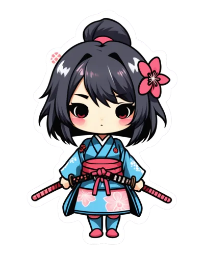 Chibi Anime Girl Samurai In Blue Kimono