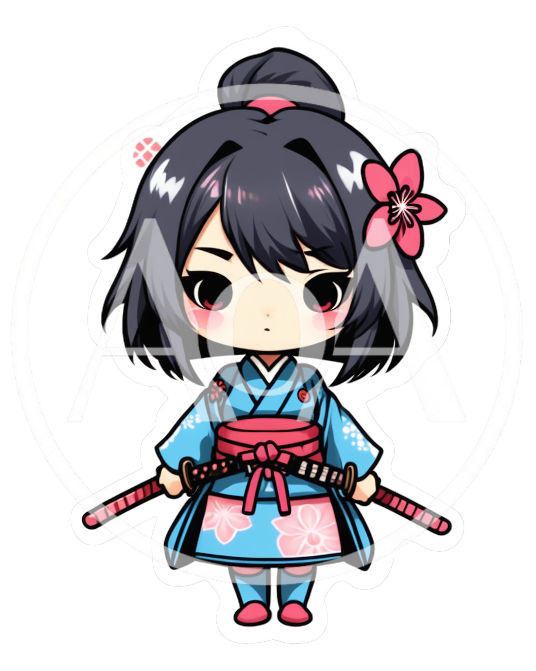Chibi Anime Girl Samurai In Blue Kimono