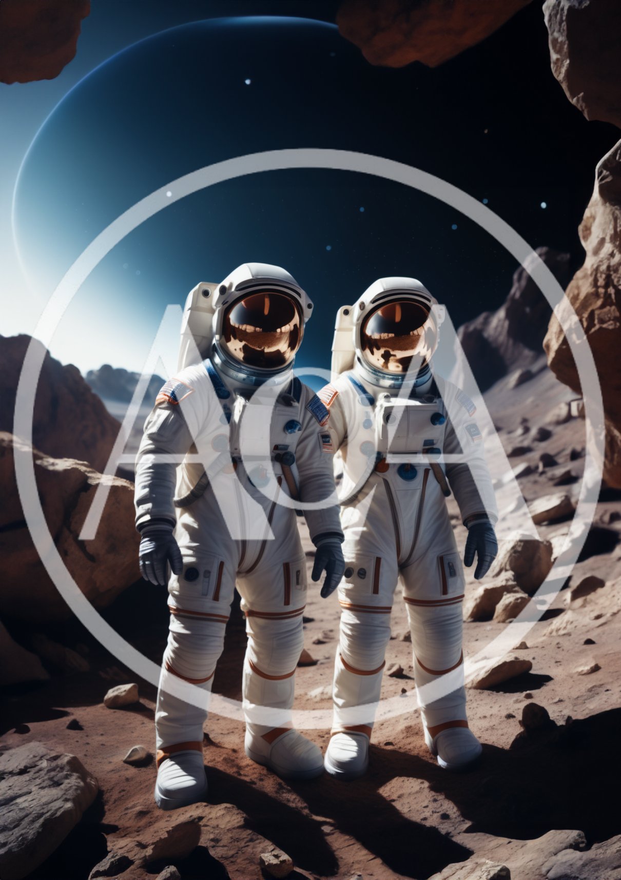 Two Astronauts Standing On A Rocky Alien Planet
